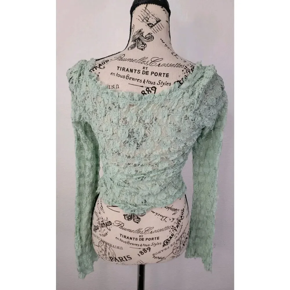 Free People FP One Madison Top Sz S Smocked Lace Sheer Hook-Front Bell Sleeve